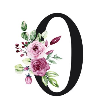 number 0 on white background, with flowers and leaves made with watercolor, floral monogram