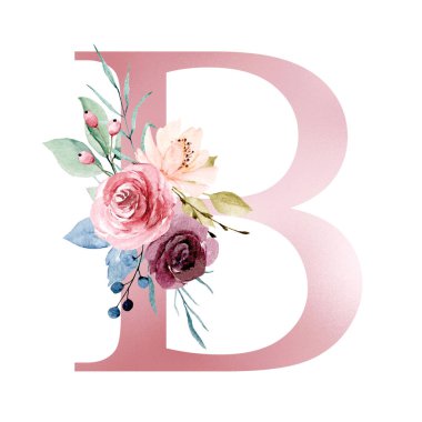 floral monogram, letter B watercolor painting with flowers and leaves