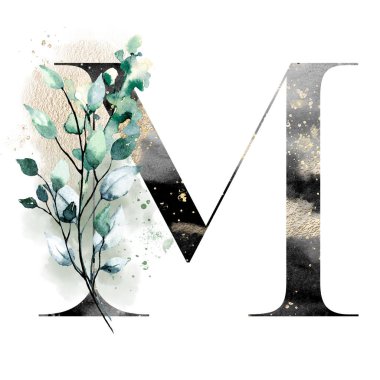 El çizimi suluboya resim, büyük harf M ve çiçekli elementler.