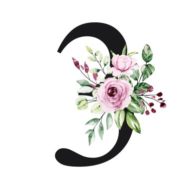 number 3 on white background, with flowers and leaves made with watercolor, floral monogram
