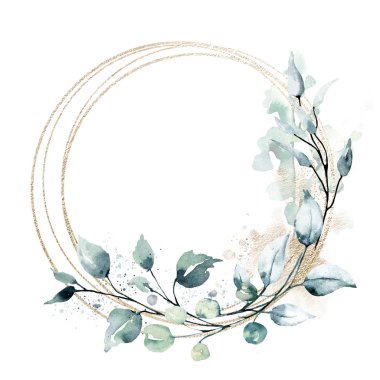 Floral gold frame border with watercolor flowers,  perfectly for wedding, birthday, party invitation