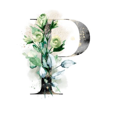 El çizimi suluboya resim, çiçekli büyük harf P