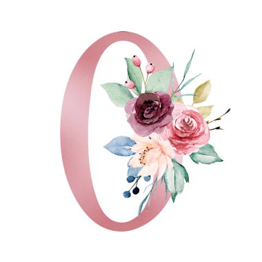 Beyaz arkaplanda çiçekli elementlerle süslü pembe 0 numara