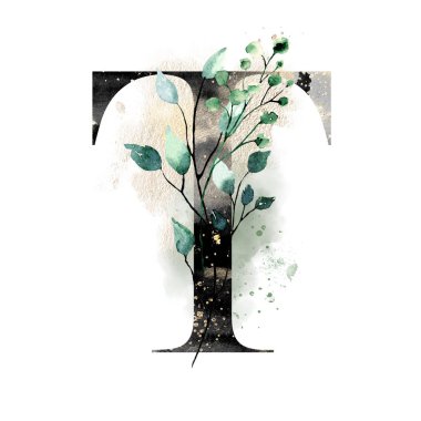 El çizimi suluboya resim, çiçekli büyük harf T