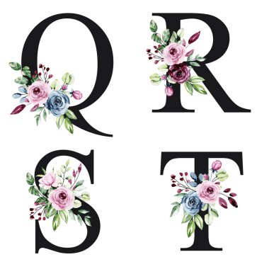 floral alphabet, letters Q, R, S, T with watercolor flowers, creative art design, monogram initials