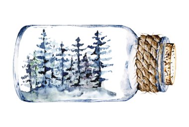 glass jar with snowy mountains and trees inside, watercolor drawing concept 