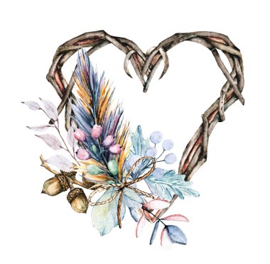 Watercolor frame heart with different floral elements on white background