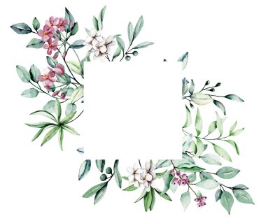 Beyaz arka planda suluboya yaprakları ve çiçekli tebrik kartı şablonu, çiçek çerçeveleri