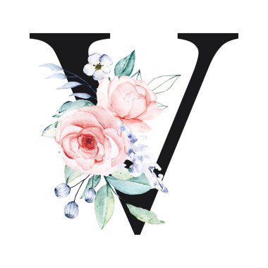 Çiçekli, suluboya çiçekli ve yapraklı V harfi.