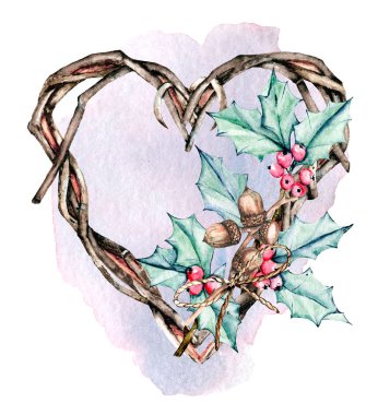 Çiçekli suluboya kalp çelengi, romantik dekorasyon, el çizimi.