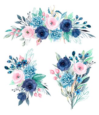 Floral collection with watercolor flowers, set of colorful bouquets