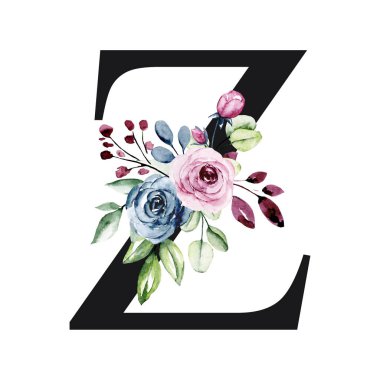El çizimi suluboya resim, büyük harf Z ve çiçekli elementler.