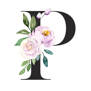 suluboya resim, çiçekli ve yapraklı P harfi, çiçek alfabesi.