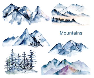 set of watercolor drawing concept with snowy mountains and trees 