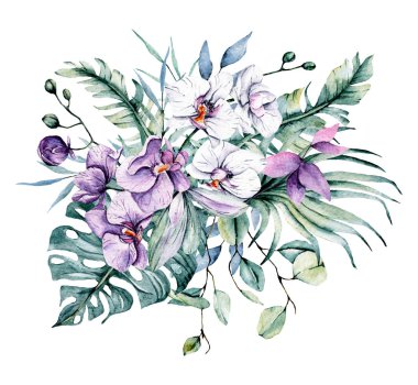 Yapraklı suluboya çiçekler, çiçek boyama konsepti.