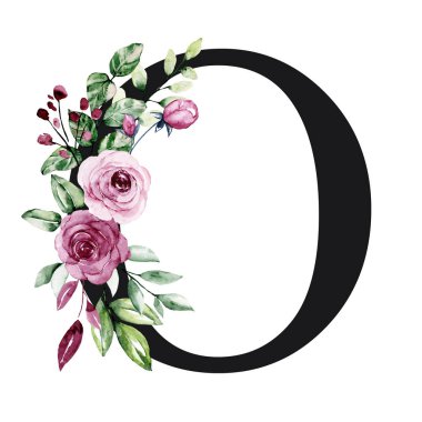 El çizimi suluboya resim, büyük harf O ve çiçek elementleri.