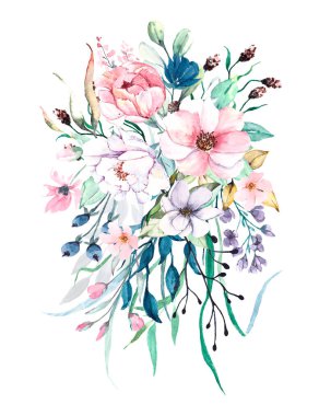 Suluboya resim, beyaz arka planda güzel bahar çiçekleri, çiçek konsepti