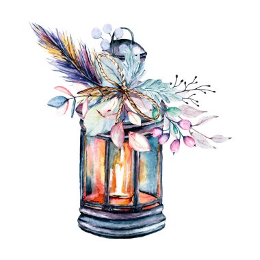 Fener, mum, şamdan, suluboya yapraklar. Tebrik kartları, davetiyeler, posterler, çıkartmalar, afişler. Beyazda izole edilmiş. El çizimi.