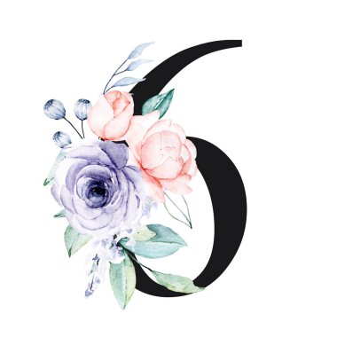 number 6 on white background, with flowers and leaves made with watercolor, floral monogram