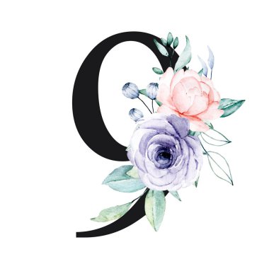 number 9 on white background, with flowers and leaves made with watercolor, floral monogram