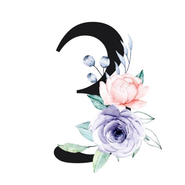 number 3 on white background, with flowers and leaves made with watercolor, floral monogram