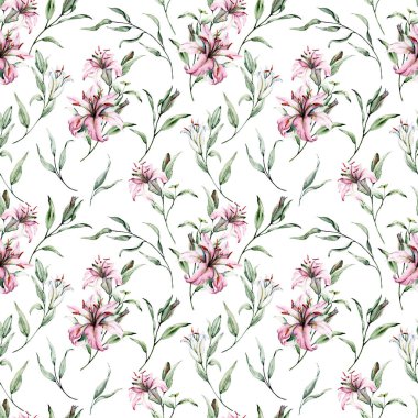 Beyaz arka planda izole zambaklar, suluboya resim