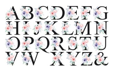 alphabet with floral elements, art watercolor painting letters with flowers and leaves