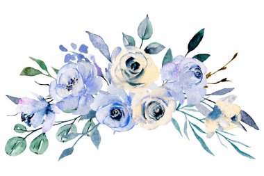 Suluboya çiçekler, tebrik kartı için çiçek buketi, davetiye ve diğer baskı tasarımları. Beyazda izole edilmiş. El çizimi.