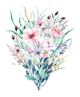 Suluboya resim, beyaz arka planda güzel bahar çiçekleri, çiçek konsepti