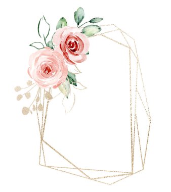 Floral gold frame border with watercolor flowers,  perfectly for wedding, birthday, party invitation