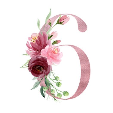 6 numara, elle çizilmiş suluboya resim tasarımı. 