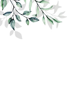 Beyaz arka planda suluboya yaprakları ve çiçekli tebrik kartı şablonu, çiçek çerçeveleri