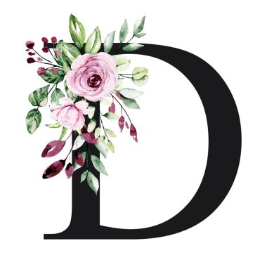 El çizimi suluboya resim, çiçekli büyük harf D