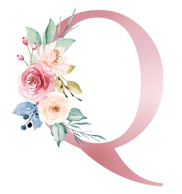 floral monogram, letter Q watercolor painting with flowers and leaves