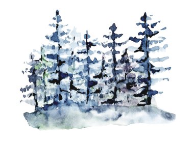 watercolor drawing concept with snowy mountains and trees 