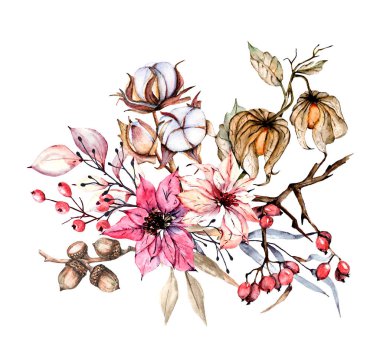 Çiçekli, pamuklu, fincanlara basmak için meşe palamudu, duvar kağıtları, kartlar, davetiyeler, web tasarımı, afişler, sosyal ağlar, posterler ve diğerleri. Suluboya, beyaz üzerine izole.