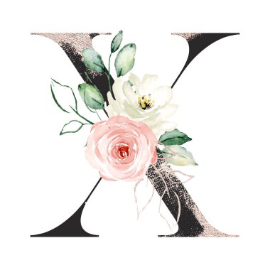 suluboya resim, çiçek ve yapraklı X harfi, çiçek alfabesi.