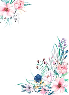 Çiçeksel çerçeve sınır tasarımı, suluboya boya çiçek ve yapraklar
