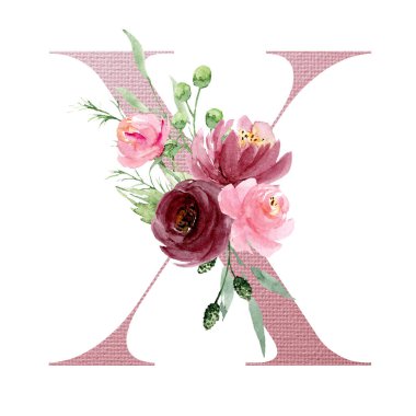 suluboya resim, çiçek ve yapraklı X harfi, çiçek alfabesi.