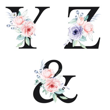 floral alphabet, letters Y, Z and ampersand symbol with watercolor flowers, creative art design, monogram initials