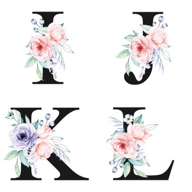 floral alphabet, letters I, J, K, L with watercolor flowers, creative art design, monogram initials