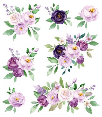 Floral collection with watercolor flowers, set of colorful bouquets