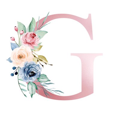 floral monogram, letter G watercolor painting with flowers and leaves
