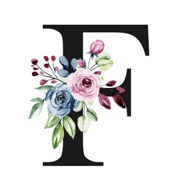 El çizimi suluboya resim, çiçekli büyük harf F