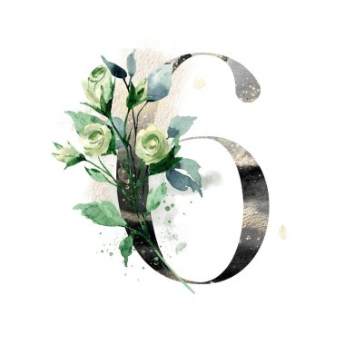 number 6 on white background, with flowers and leaves made with watercolor, floral monogram