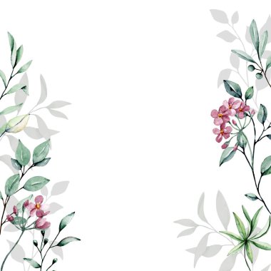 Beyaz arka planda suluboya yaprakları ve çiçekli tebrik kartı şablonu, çiçek çerçeveleri