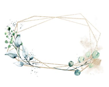 Floral gold frame border with watercolor flowers,  perfectly for wedding, birthday, party invitation