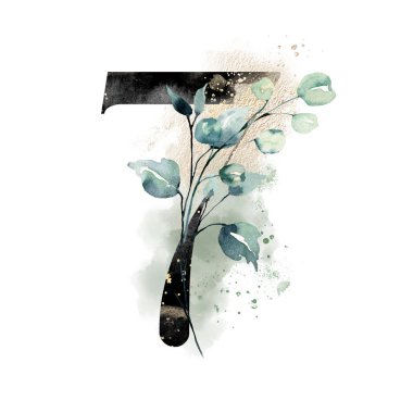 number 7 on white background, with flowers and leaves made with watercolor, floral monogram