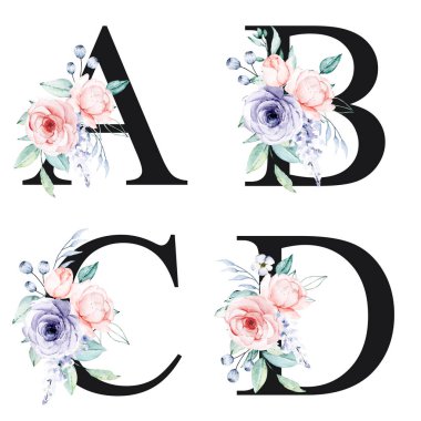 floral alphabet, letters A, B, C, D with watercolor flowers, creative art design, monogram initials