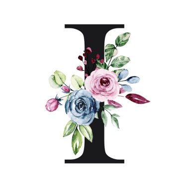 El çizimi suluboya resim, çiçekli büyük harf I